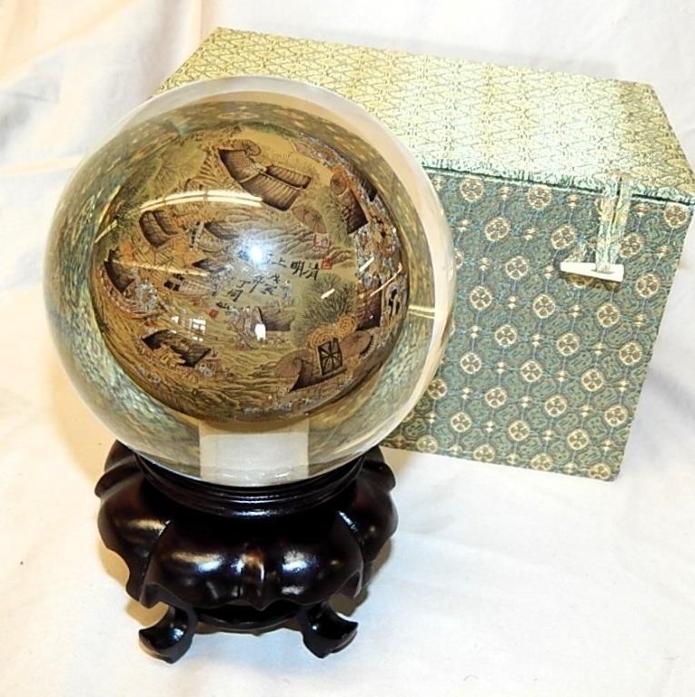 Vintage Glass Orb Reverse-Hand Painted Asian Scene
