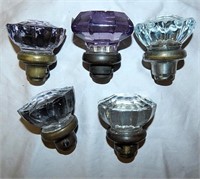 5 Vintage Glass Door Knobs Purple & Clear