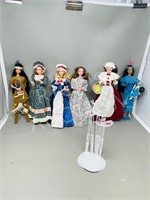 6 barbie dolls w/ stands - 4 Pilgrims & 2 Native