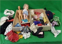 VINTAGE DOLL AND DOLL CLOTHES WITH CASE