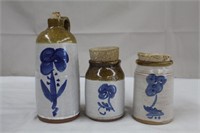 Three pottery jugs with corks, 9 & 4.75"H