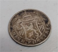 1919 Cyprus Nine Plastres King George V Coin