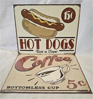 Metal Hotdogs and coffee signs