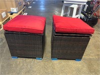 2 Wicker Outdoor Patio Ottoman Red Cushions
