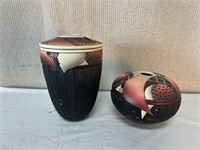 2pc Signed Pottery: Acoma Seed Jar, Vase