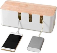 Cable Management Box with Wooden Lid, Small White