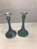 Antique pair of Blue Satin Glass Candle holders