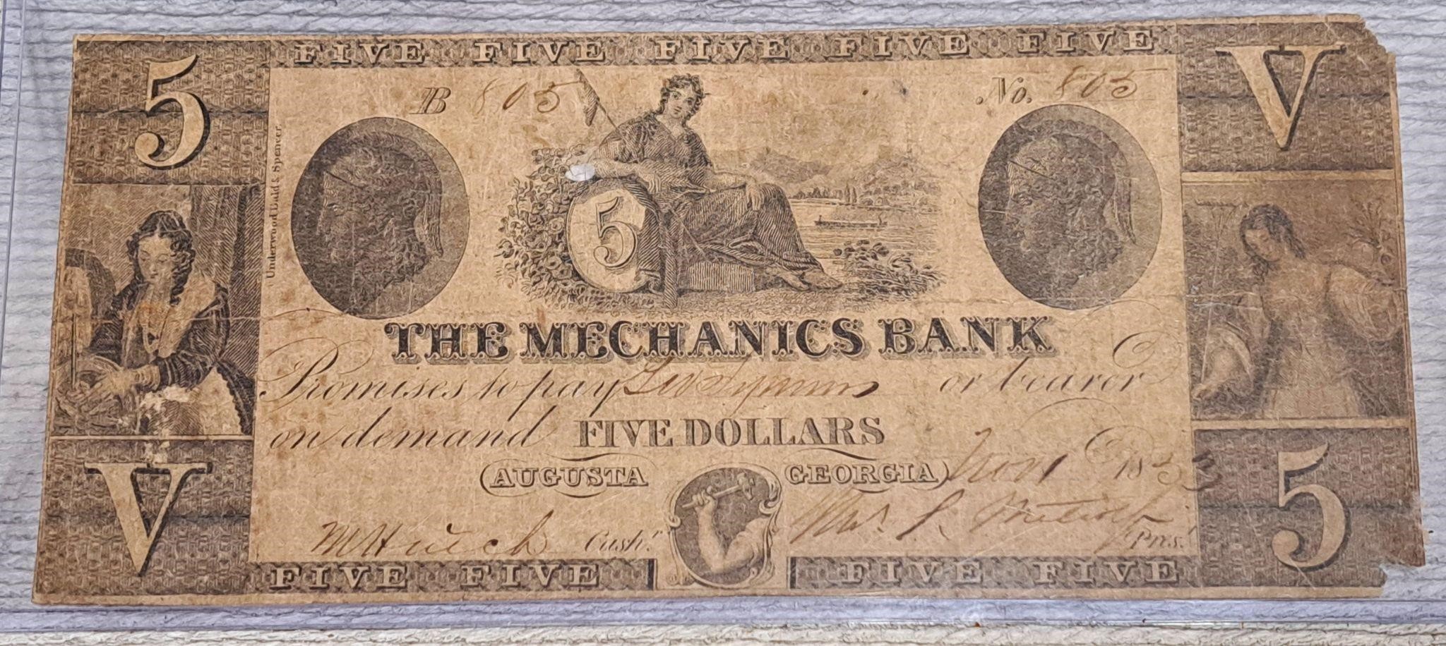 1883 ANTIQUE MECHANICS FIVE DOLLAR US BILL GEORGIA