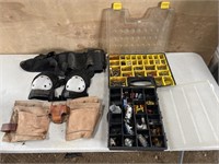 2 tool belts, knee pads, 2 filled tool containers