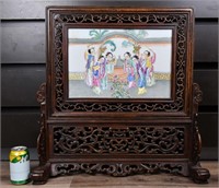 A Famille Rose Porcelain Wooden-Mounted Screen