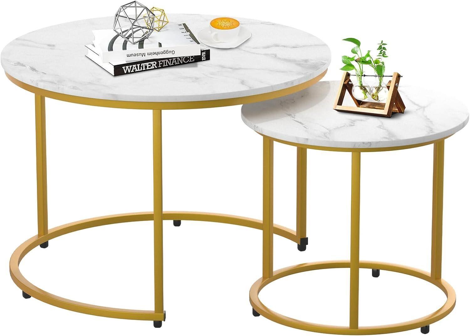 AuraBasic Nesting Table Set  Gold Frame  White