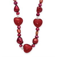 Sterling Silver Red Jade Hearts & Pearl Necklace