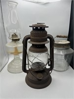 Lantern, Kerosene Lamp & Vintage Jar