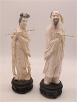 EARLY PAIR OF CARVED IVORY FLUTE PLAYERS 8" TALL
