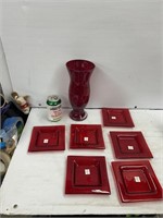Decorative glass clear red vase and small plates