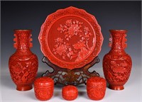 Group of 6 Red Lacquer Carving Ornaments & A Std