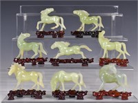 Set of 8 Jade Horses w/Std & Box