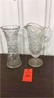 Cut etched crystal glass pitcher and vase 12”