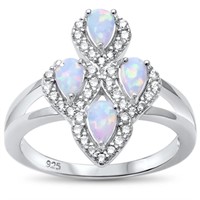 Silver White Opal Austrian Crystal Created Ring