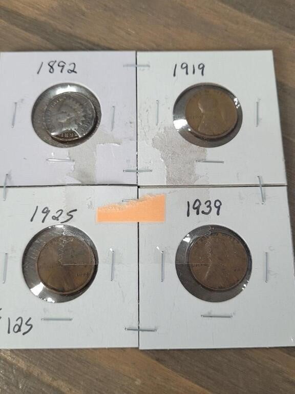 Four Old Pennies, one Indian Head