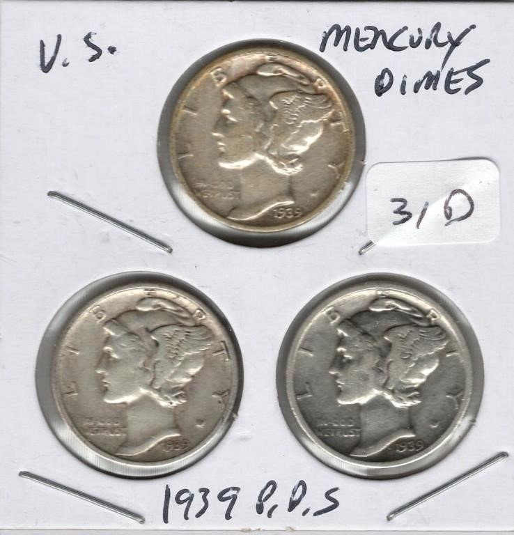 1939 P, D, S Mercury Dime Set