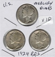 1924 P, D, S Mercury Dime Set