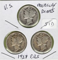 1928 P, D, S Mercury Dime