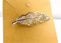 Filigree Sterling Silver Feather Brooch Pin