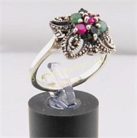 Ring Size 10 Ruby Emerald Onyx, Sterling Silver