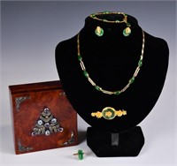 5Pcs Jadeite & Gold Jewelry in Wood Box