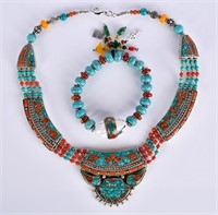 A Turquoise & Coral Necklace & A Bracelet