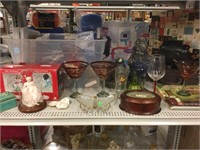 Decorative glassware and household items.