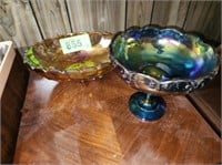 2 CARNIVAL GLASS PCS. COMPOTE- OVAL BOWL
