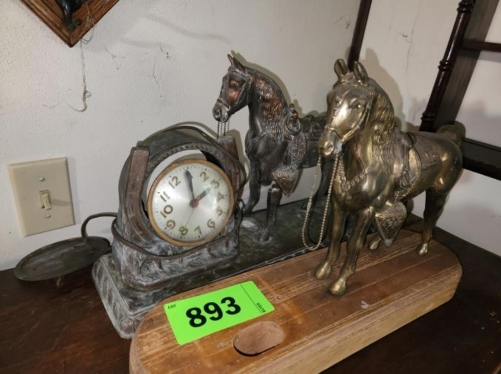 METAL HORSE MANTLE CLOCK FOR PARTS OR REPAIR