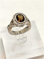 Estate Ring Smoky Amber Stone in silver setting