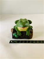 Frog on a log ceramic statue