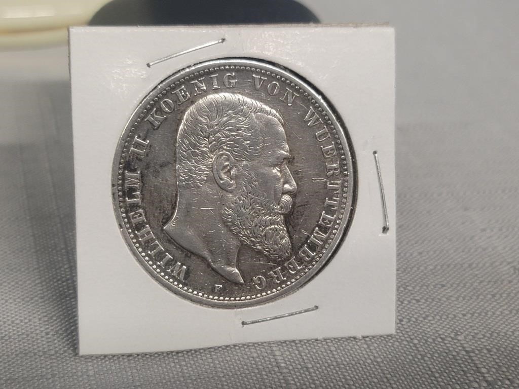 Funf 5 Mark 1907 Wuerttemberg Silver Coin
