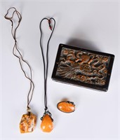 2 Amber Pendants & 1 Amber Brooch w/Carved Box