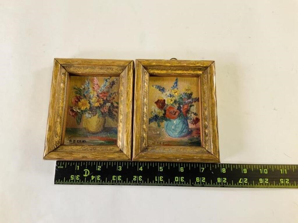 2pcs mini floral paintings signe by O. Beem