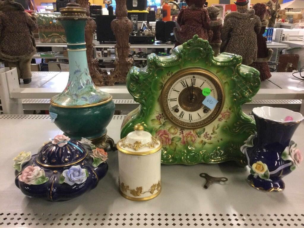 Vintage home porcelain decor. Clock, vase and