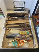 Drill bits, pry bars, pipe wrench, misc