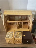 Wooden toy barn, sewing box, jewelry box