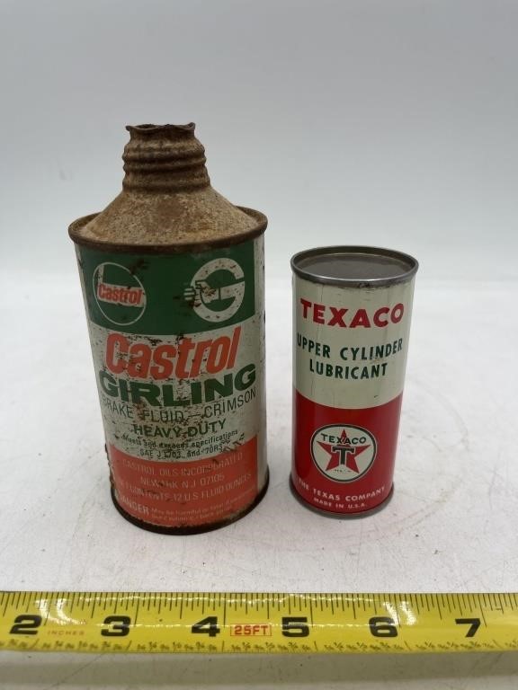 Vintage advertising, empty oil, cans, Texaco, and