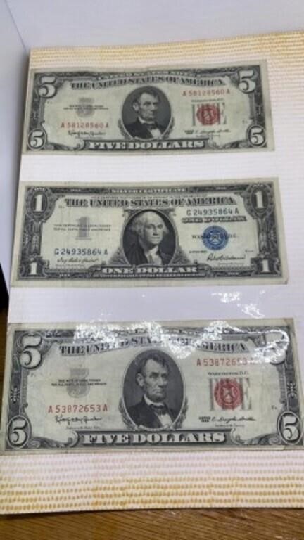 (2) $5 Red Seals & (1) $1 Blue Seal Silver