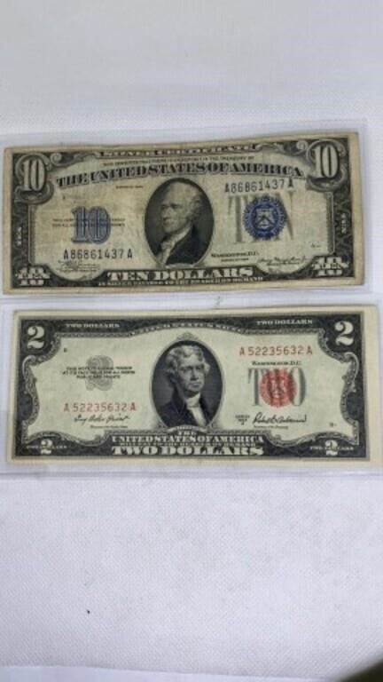 1934 $10 Blue Seal Silver Certificate, $2 Red Seal