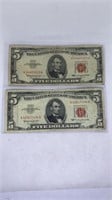 (2) Red Seal $5 bills, 1963