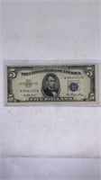 1953 $5 Blue Seal Silver Certificate off-center on