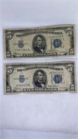 (2) $5 Blue Seal Silver Certificates, 1934
