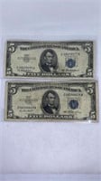 (2) $5 Blue Seal Silver Certificates, 1953