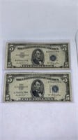 (2) $5 Blue Seal Silver Certificates, 1953